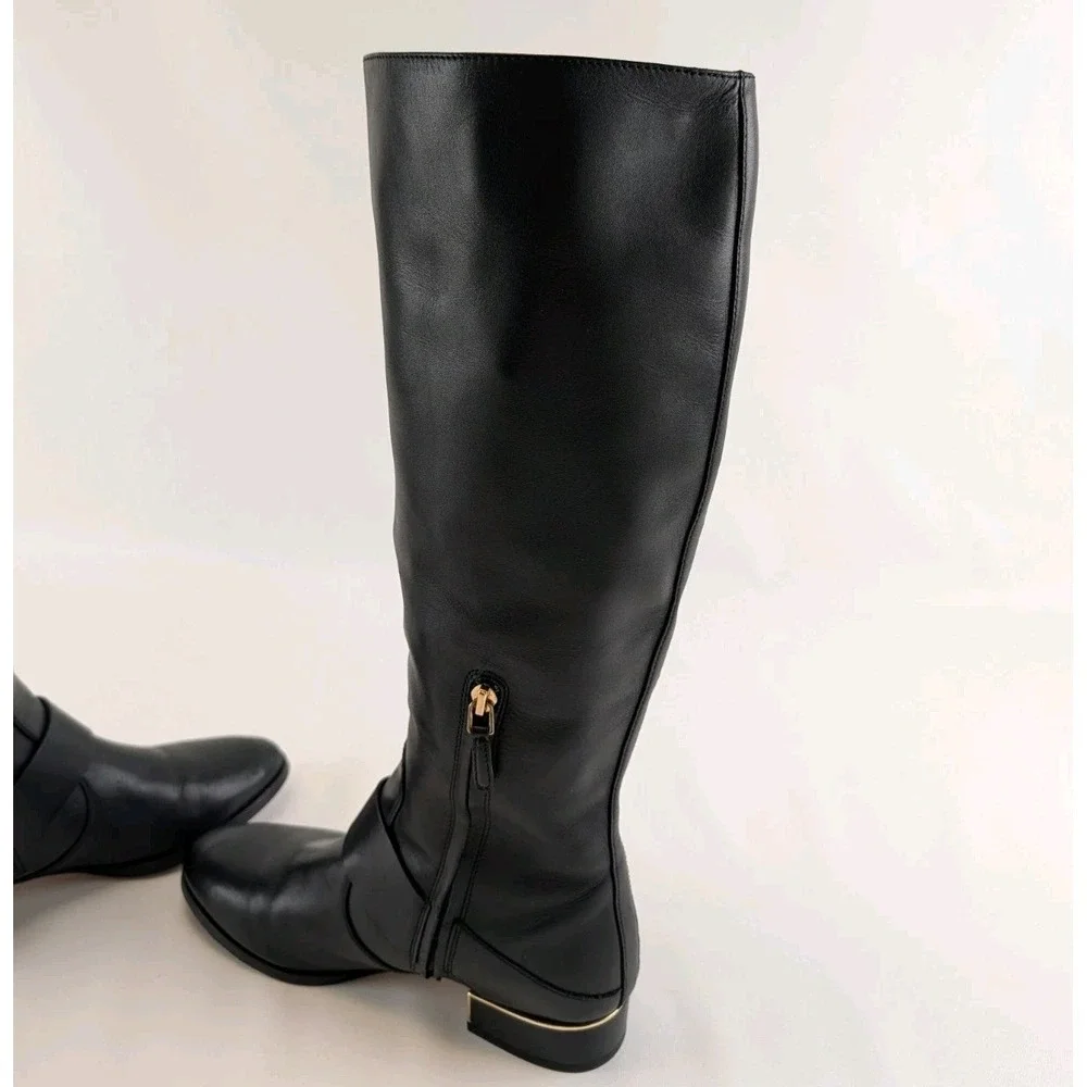 Tory Burch Womens Black Leather Riding Boots Sz 7.5M Gold Logo Buckle Knee High‎